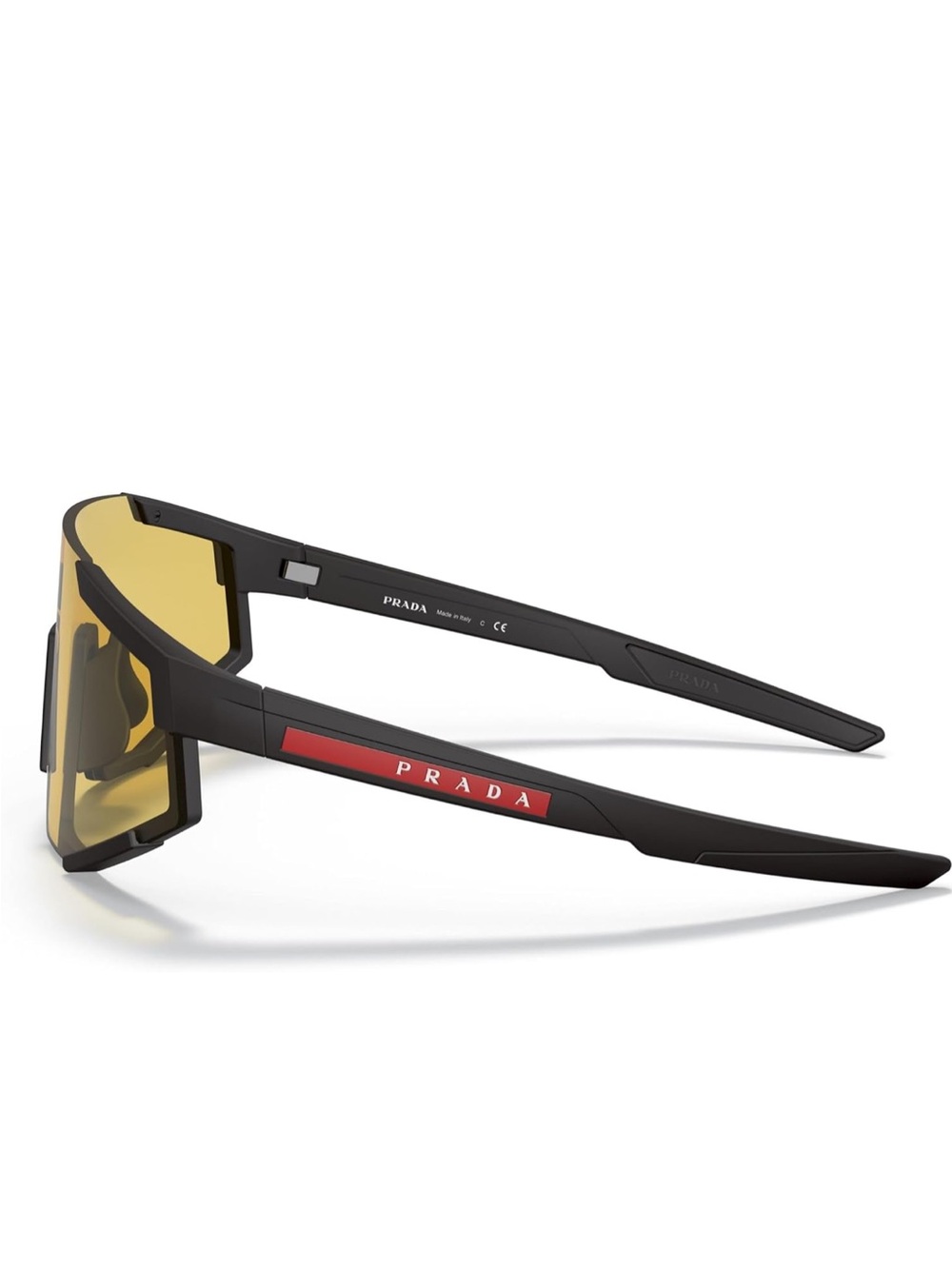 Prada Matte Black Sunglasses with Yellow Lenses and Red Logo